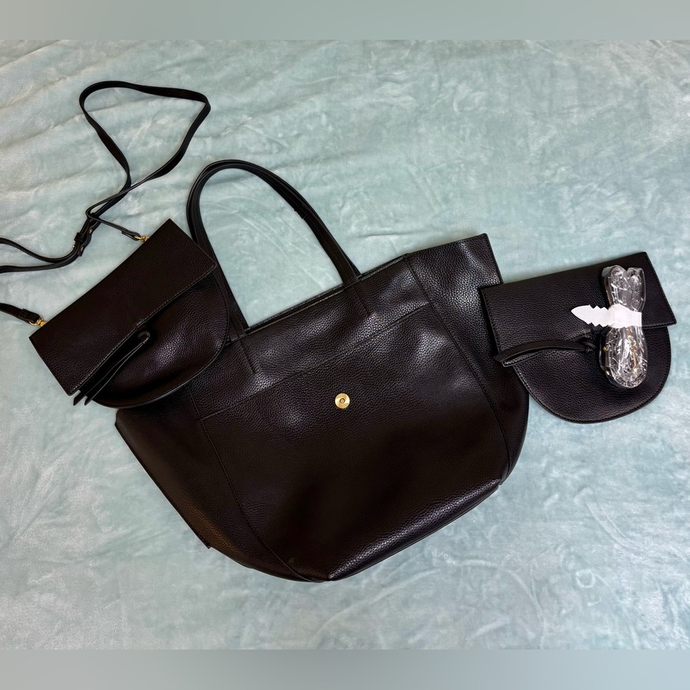 Anthropologie Black Tote Bag with Two Clutches with Straps